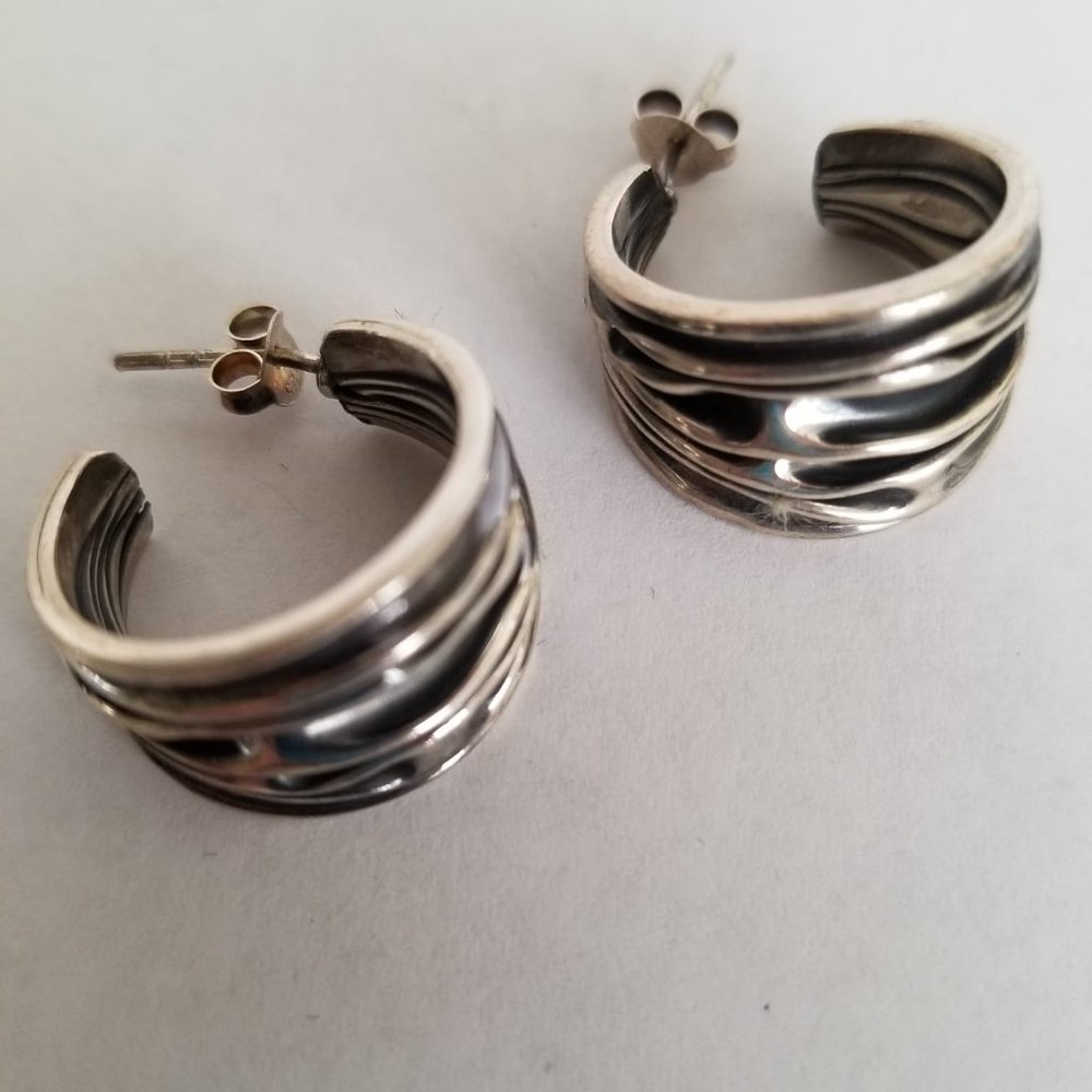 925 Sterling Silver Oxidized Handcrafted Cascading Waves Wide 3/4 Hoop Earrings